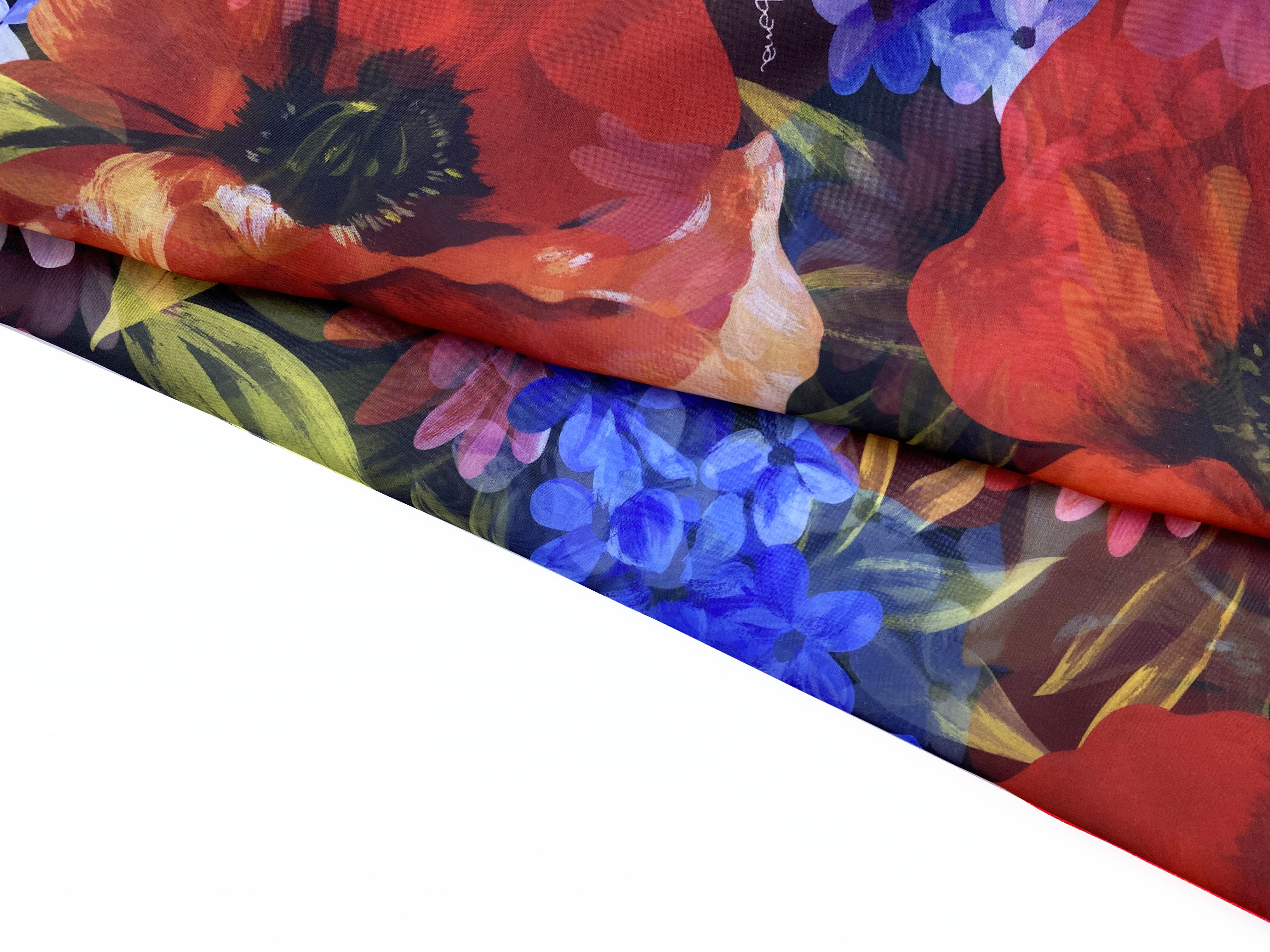 Ткань Шифон  черного цвета с принтом  красные крупные маки  24304 4