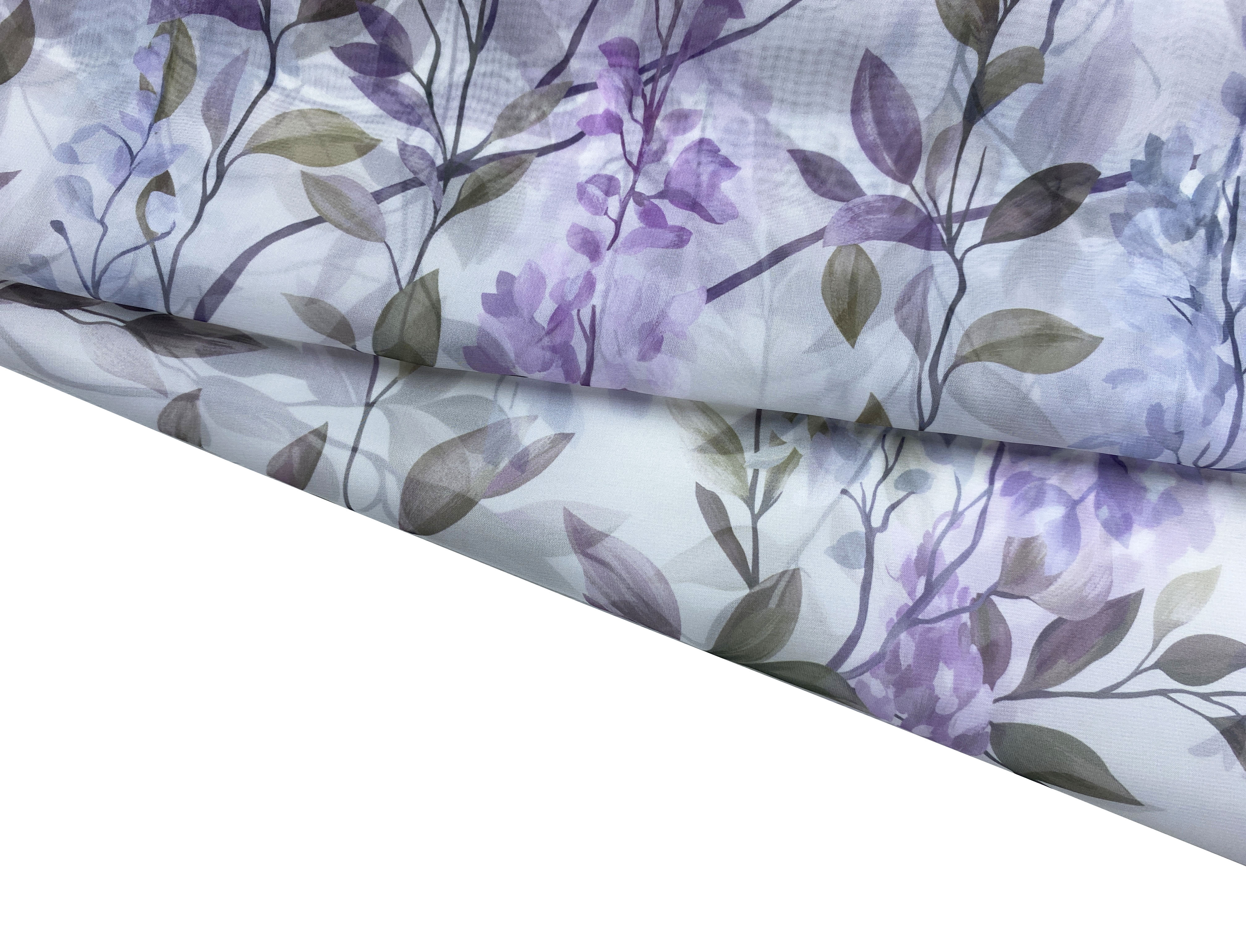 Ткань Шифон  светло-оливкового цвета с принтом глицинии 24324 4