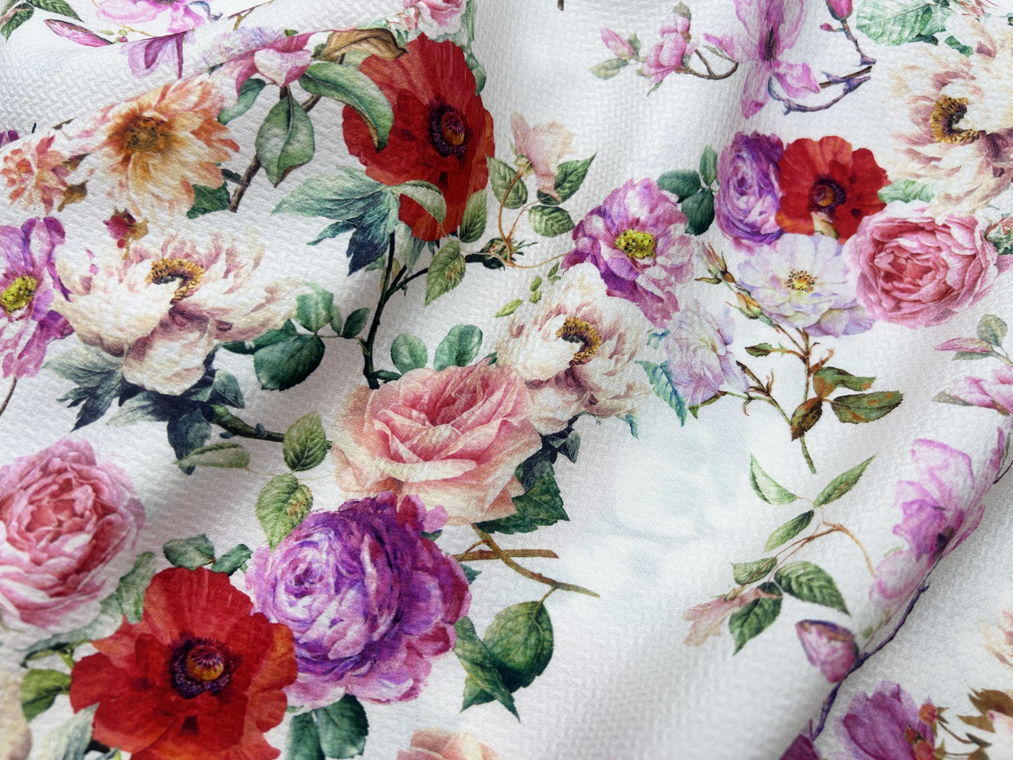 Ткань Шёлк  молочного цвета с принтом цветы 46603 2