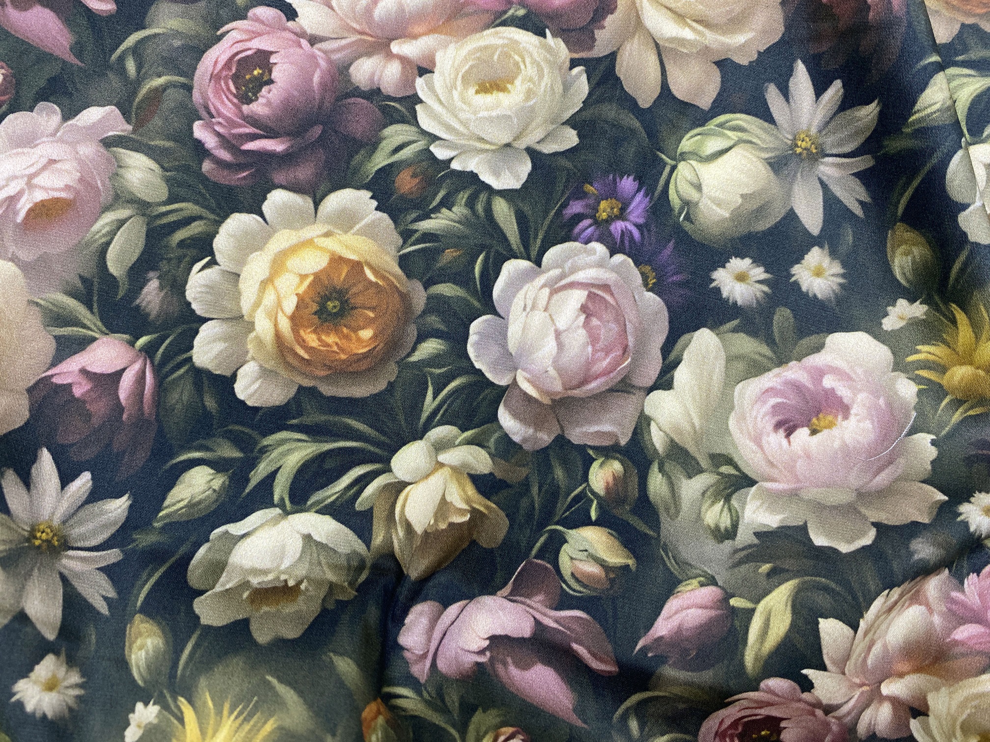 Ткань Хлопок чёрного цвета с принтом  пионовидные цветы 14231 3