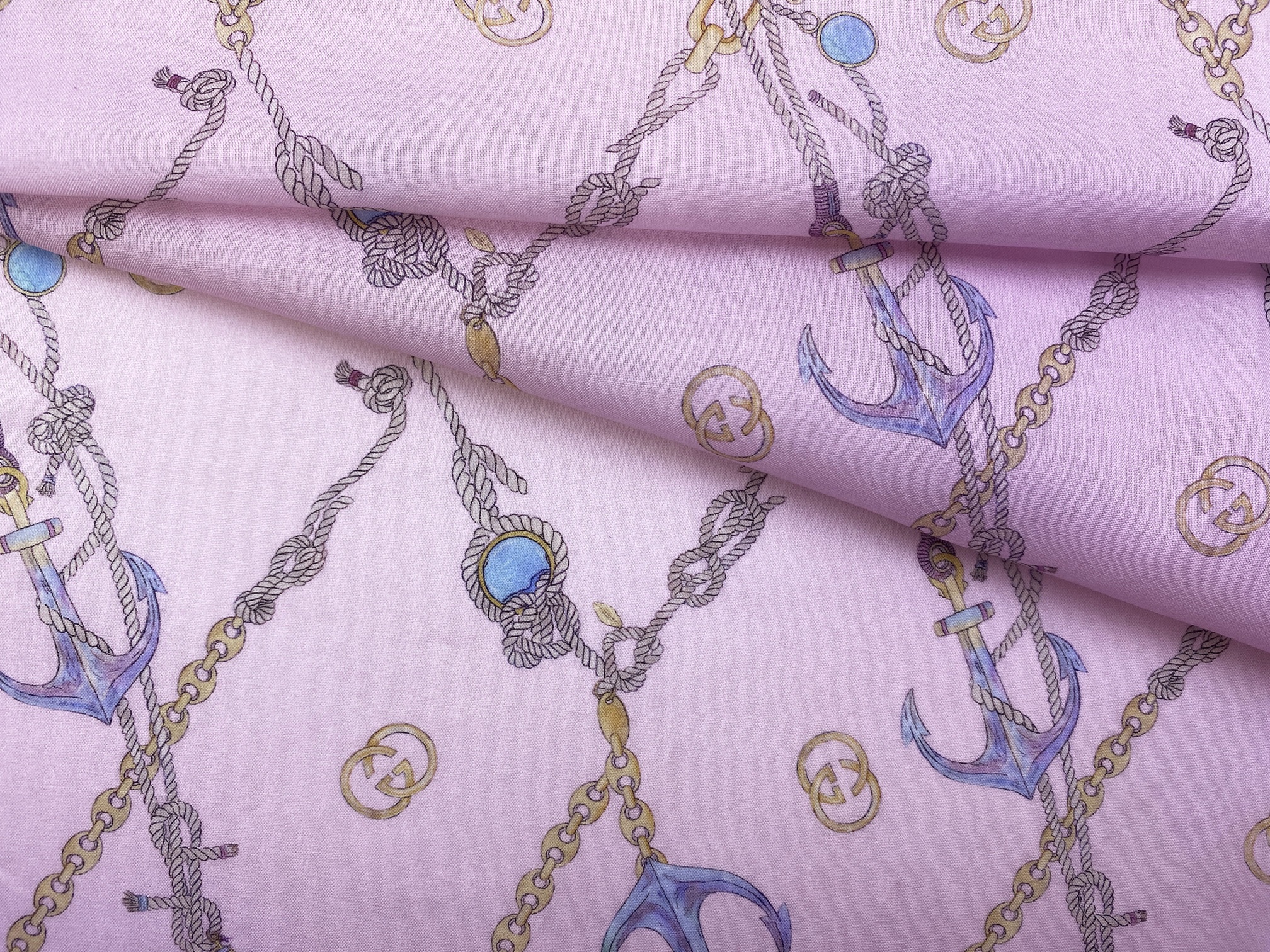 Ткань Поплин розового цвета с принтом цепи и якоря  14354 1