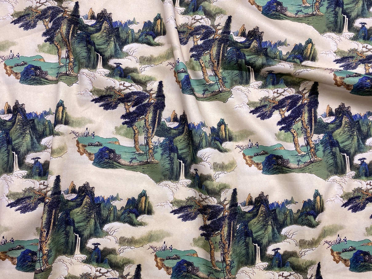 Ткань Хлопок бежевого цвета с принтом  японский пейзаж 14425 2